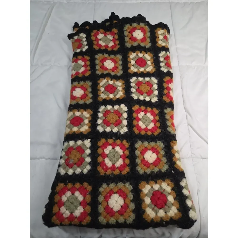 VTG Multicolor Wool Crochet Granny Square Roseanne FairIsle Quilt Blanket 50x40”